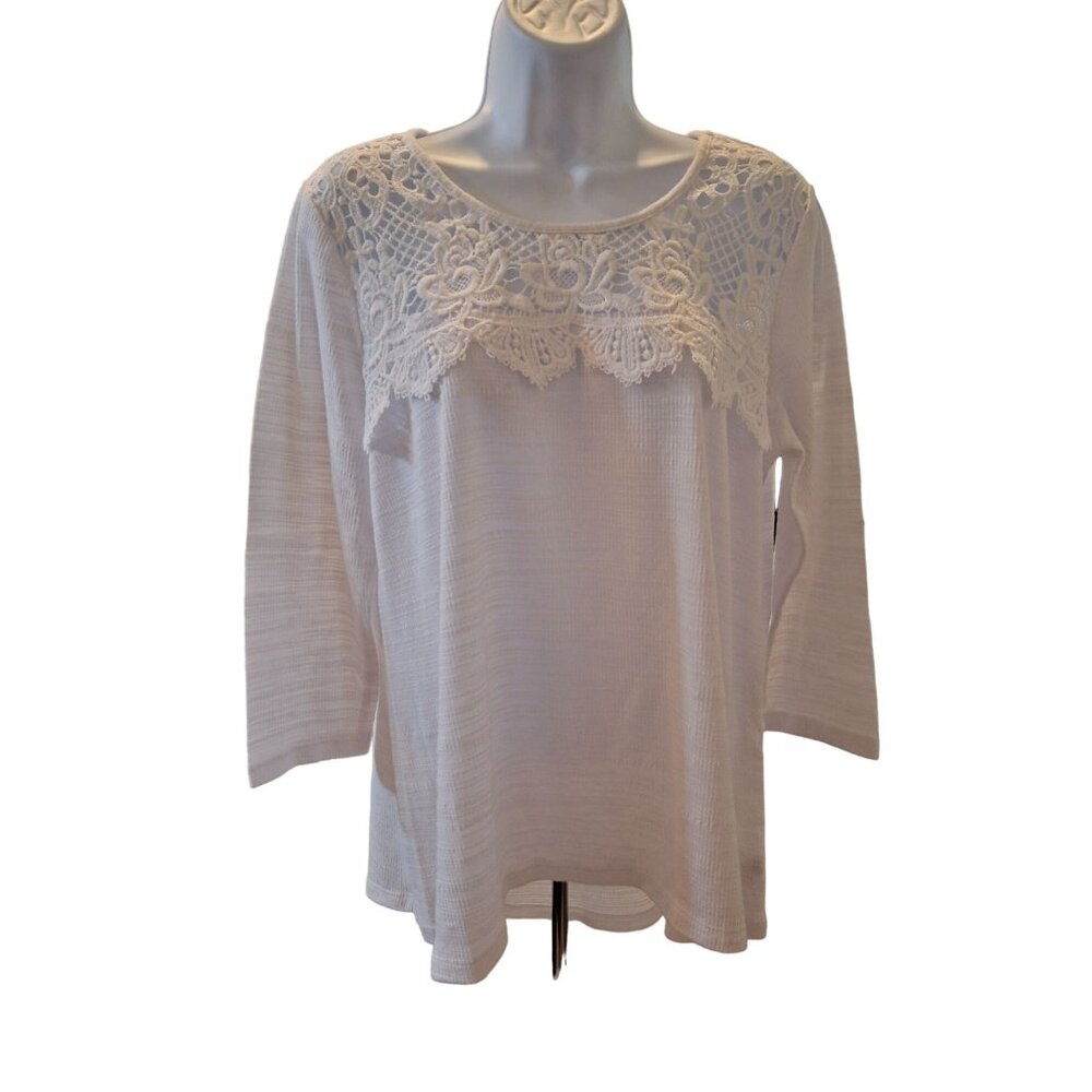 Status Chenault Womens Top Large White 3/4 Sleeve Crochet Lace Trim Fairy